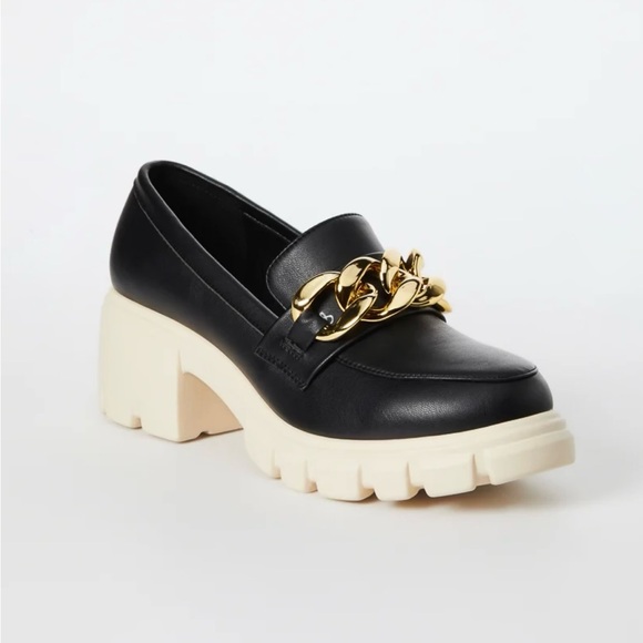 🆕 Lug Sole Platform Loafer in Black Caviar & Cream with Gold Chain Hardware - Picture 1 of 5